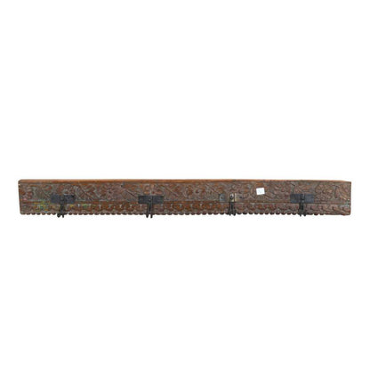 Antique Rustic Rosewood Teak Carved Coat Hook Panel with Black Iron Hooks – Indian Vintage Floral (118cm)