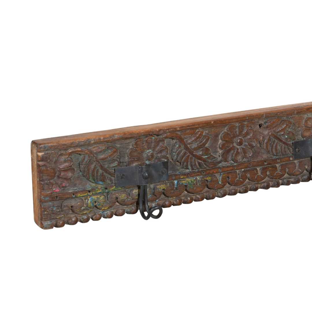 Antique Rustic Rosewood Teak Carved Coat Hook Panel with Black Iron Hooks – Indian Vintage Floral (118cm)
