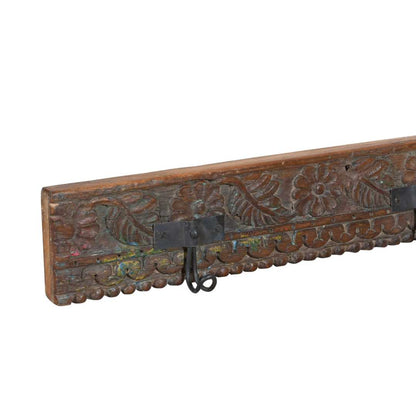 Antique Rustic Rosewood Teak Carved Coat Hook Panel with Black Iron Hooks – Indian Vintage Floral (118cm)