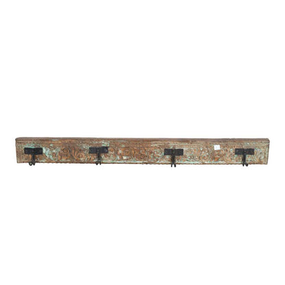 Antique Verdigris Teak Carved Coat Hook Panel with Black Iron Hooks – Indian Vintage Scrollwork (115cm)