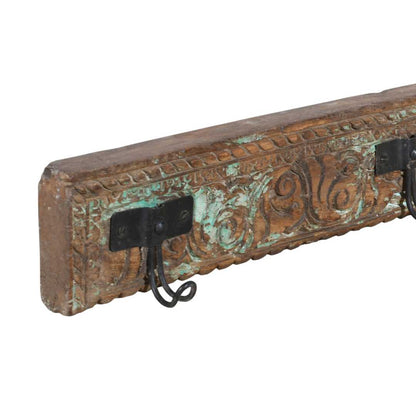 Antique Verdigris Teak Carved Coat Hook Panel with Black Iron Hooks – Indian Vintage Scrollwork (115cm)