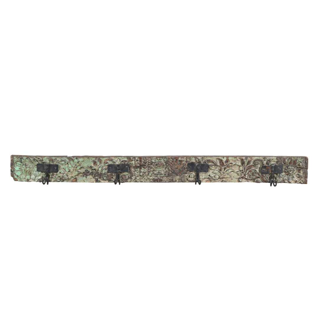Antique Verdigris Teak Carved Coat Hook Panel with Black Iron Hooks – Indian Vintage Scrollwork (115cm) (Copy)