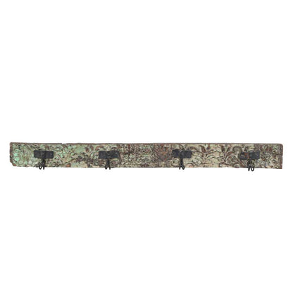 Antique Dark Walnut Teak Carved Coat Hook Panel with Black Iron Hooks – Indian Vintage Floral (134cm)