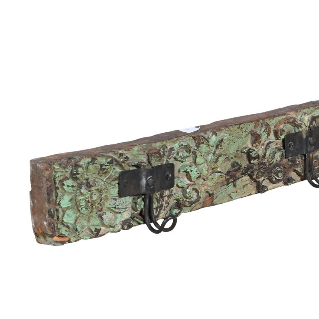 Antique Verdigris Teak Carved Coat Hook Panel with Black Iron Hooks – Indian Vintage Scrollwork (115cm) (Copy)
