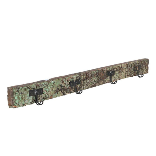 Antique Dark Walnut Teak Carved Coat Hook Panel with Black Iron Hooks – Indian Vintage Floral (134cm)