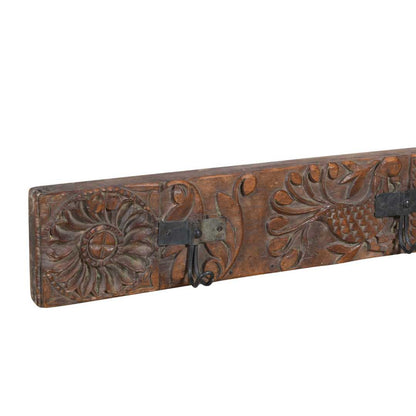 Antique Rustic Coffee Teak Carved Coat Hook Panel with Black Iron Hooks – Indian Vintage Motif (122cm)