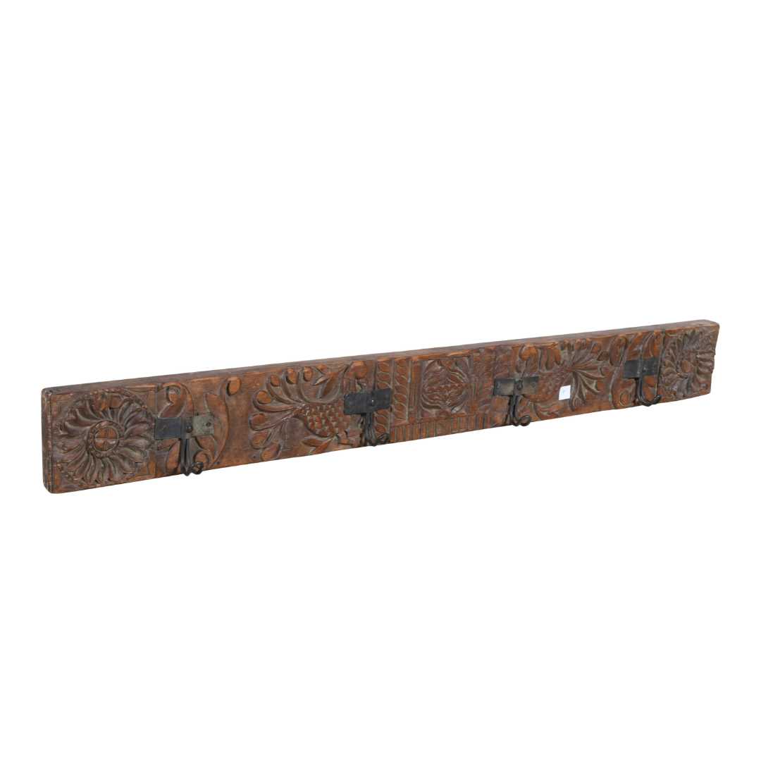 Antique Rustic Coffee Teak Carved Coat Hook Panel with Black Iron Hooks – Indian Vintage Motif (122cm)