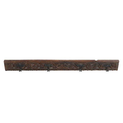 Antique Rich Mahogany Teak Carved Coat Hook Panel with Black Iron Hooks – Indian Vintage Scrollwork (123cm)
