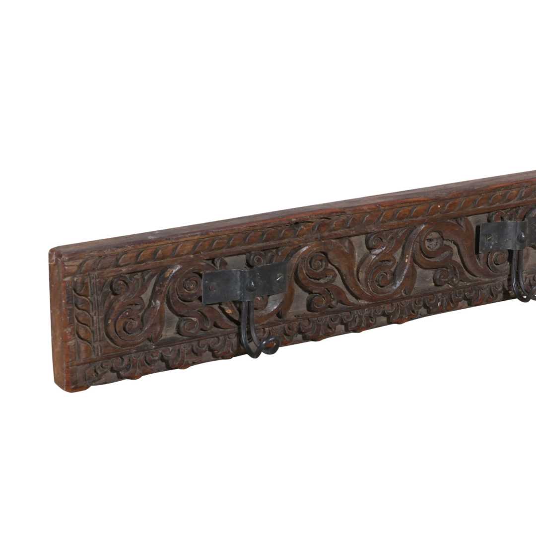 Antique Rich Mahogany Teak Carved Coat Hook Panel with Black Iron Hooks – Indian Vintage Scrollwork (123cm)