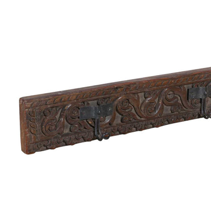 Antique Rich Mahogany Teak Carved Coat Hook Panel with Black Iron Hooks – Indian Vintage Scrollwork (123cm)