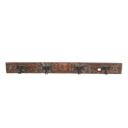 Antique Chestnut Brown Teak Carved Coat Hook Panel with Black Iron Hooks – Indian Vintage Floral (119cm)