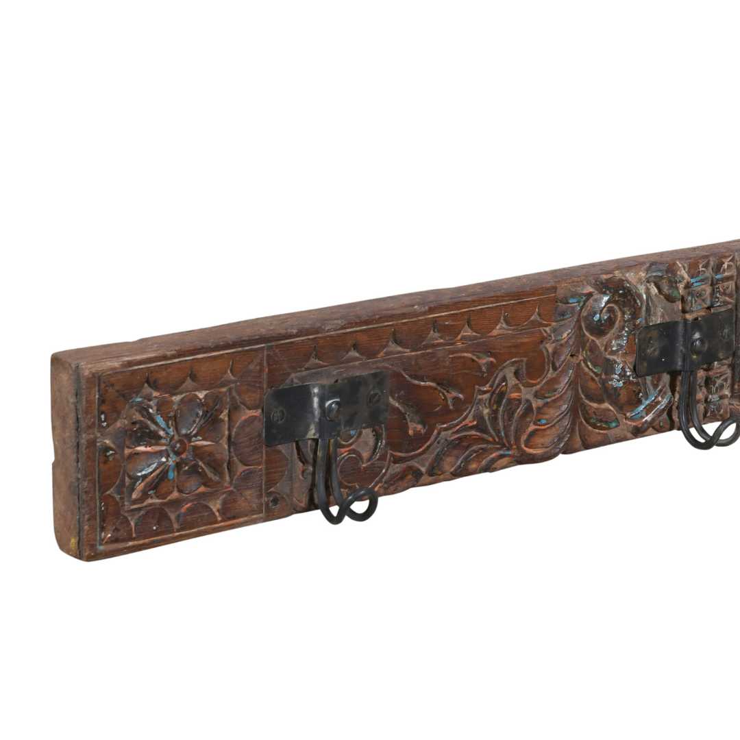 Antique Chestnut Brown Teak Carved Coat Hook Panel with Black Iron Hooks – Indian Vintage Floral (119cm)