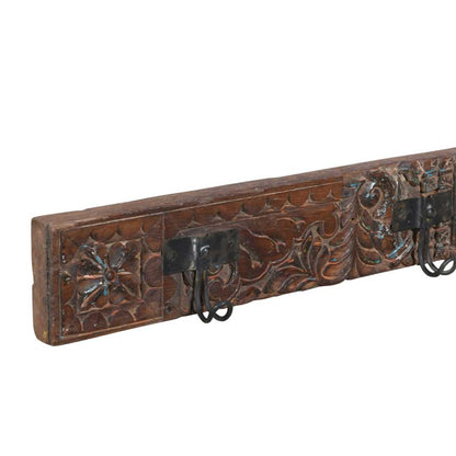 Antique Chestnut Brown Teak Carved Coat Hook Panel with Black Iron Hooks – Indian Vintage Floral (119cm)