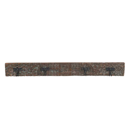 Antique Verdigris & Chestnut Teak Carved Coat Hook Panel with Black Iron Hooks – Indian Vintage Floral (115cm)