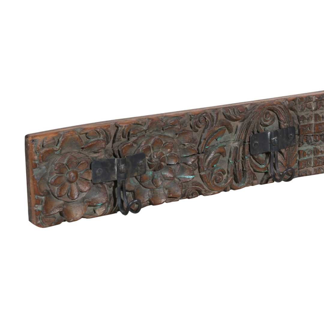 Antique Verdigris & Chestnut Teak Carved Coat Hook Panel with Black Iron Hooks – Indian Vintage Floral (115cm)