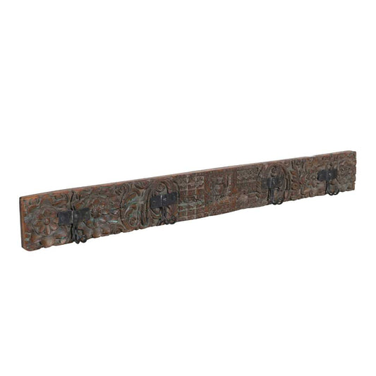 Antique Verdigris & Chestnut Teak Carved Coat Hook Panel with Black Iron Hooks – Indian Vintage Floral (115cm)