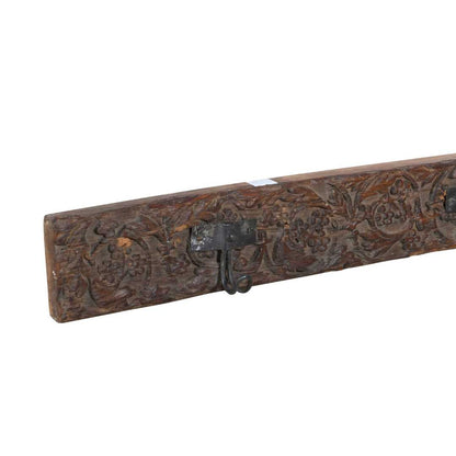 Antique Weathered Walnut Teak Carved Coat Hook Panel with Black Iron Hooks – Indian Vintage Floral (144cm)