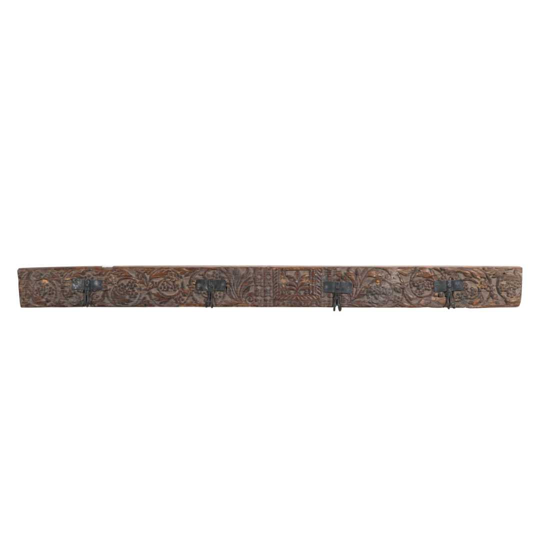 Antique Weathered Walnut Teak Carved Coat Hook Panel with Black Iron Hooks – Indian Vintage Floral (144cm)
