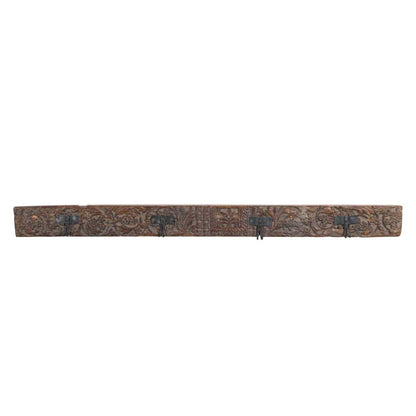 Antique Weathered Walnut Teak Carved Coat Hook Panel with Black Iron Hooks – Indian Vintage Floral (144cm)