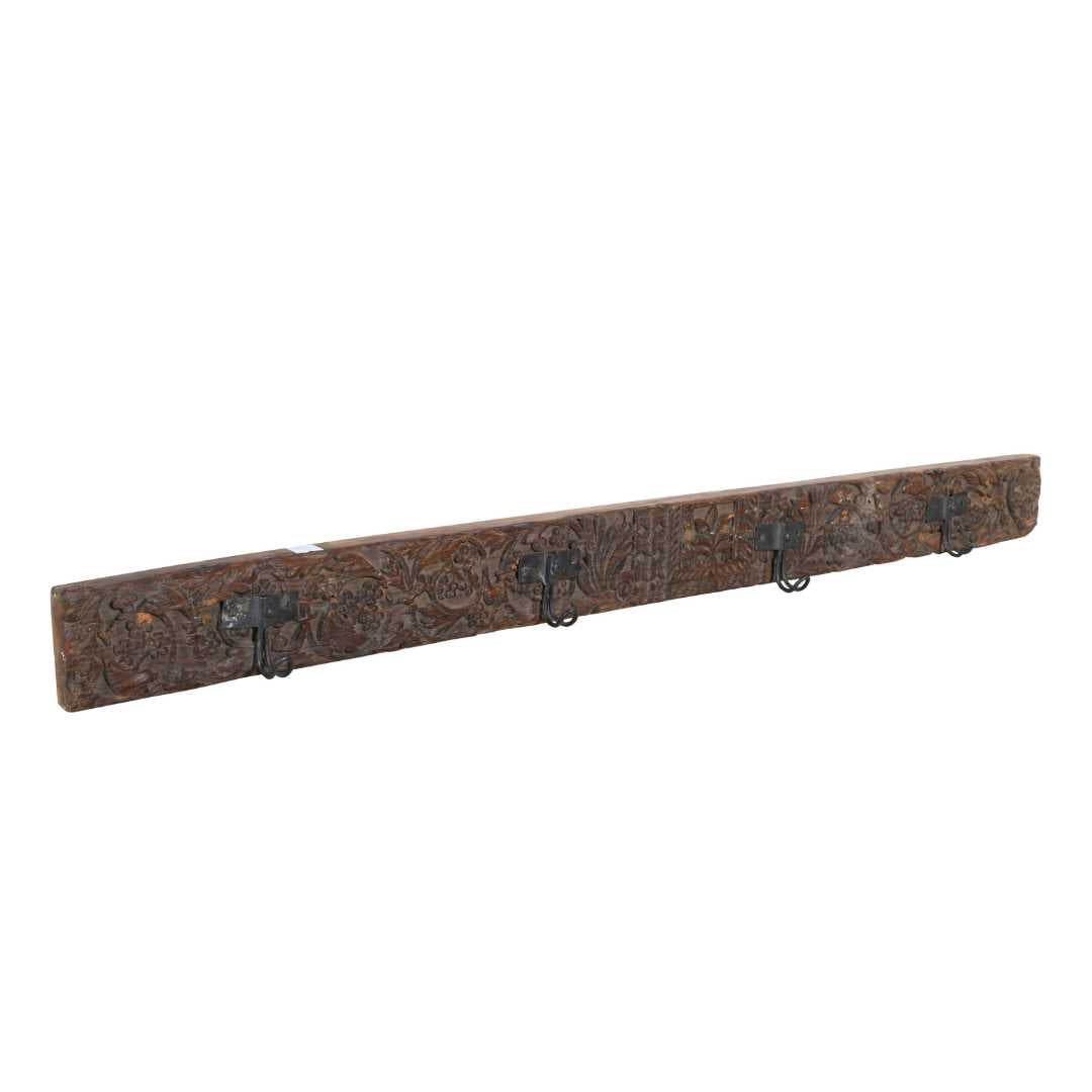 Antique Weathered Walnut Teak Carved Coat Hook Panel with Black Iron Hooks – Indian Vintage Floral (144cm)