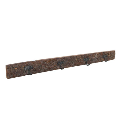 Antique Weathered Walnut Teak Carved Coat Hook Panel with Black Iron Hooks – Indian Vintage Floral (144cm)