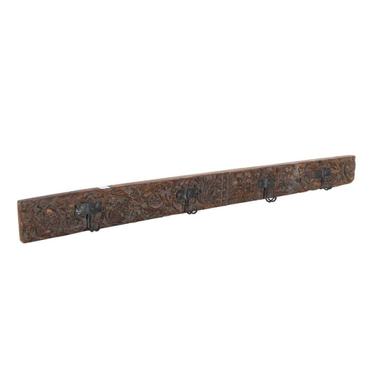 Antique Weathered Walnut Teak Carved Coat Hook Panel with Black Iron Hooks – Indian Vintage Floral (144cm)