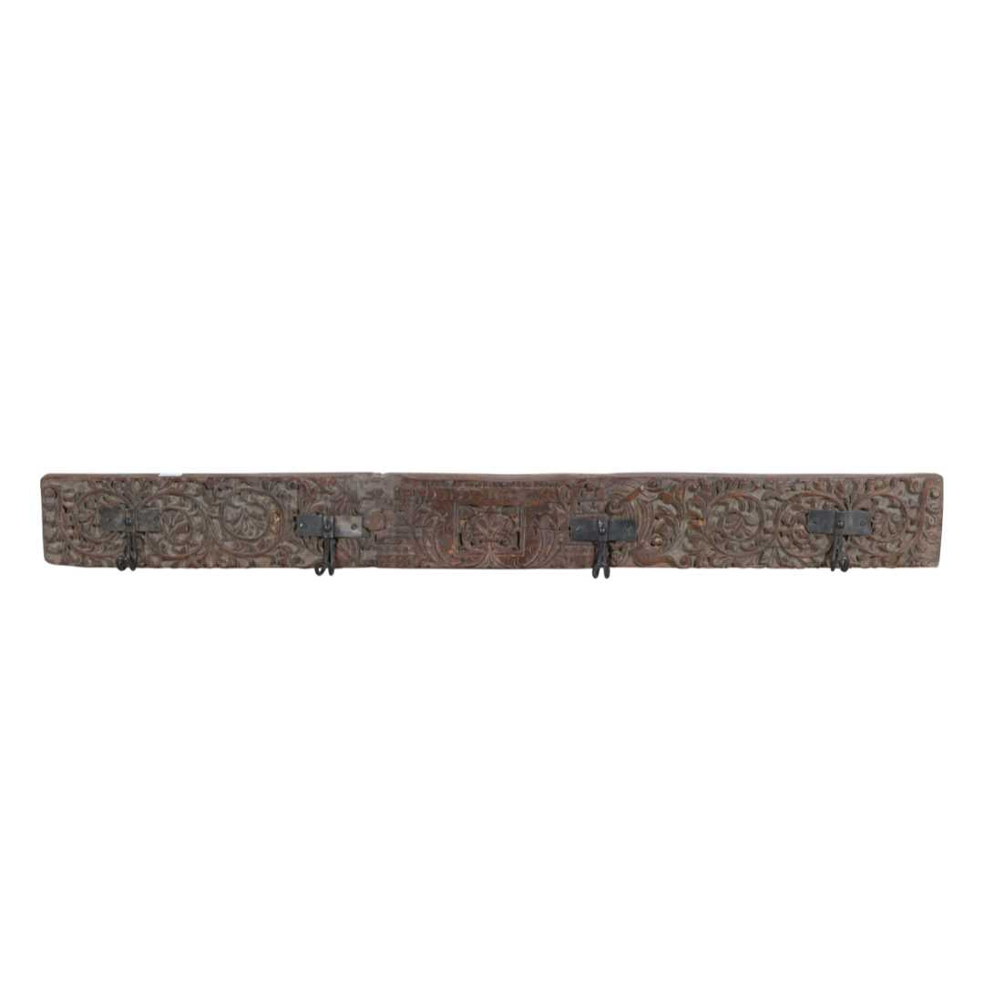 Antique Rosewood & Charcoal Teak Carved Coat Hook Panel with Black Iron Hooks – Indian Vintage Scrollwork (120cm)