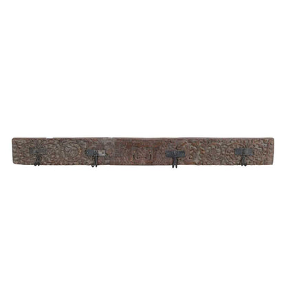 Antique Rosewood & Charcoal Teak Carved Coat Hook Panel with Black Iron Hooks – Indian Vintage Scrollwork (120cm)