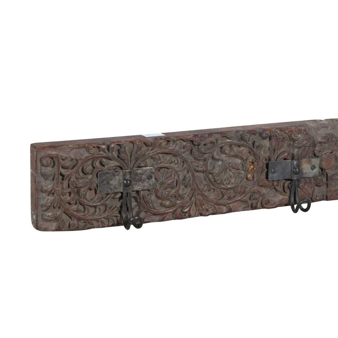 Antique Rosewood & Charcoal Teak Carved Coat Hook Panel with Black Iron Hooks – Indian Vintage Scrollwork (120cm)
