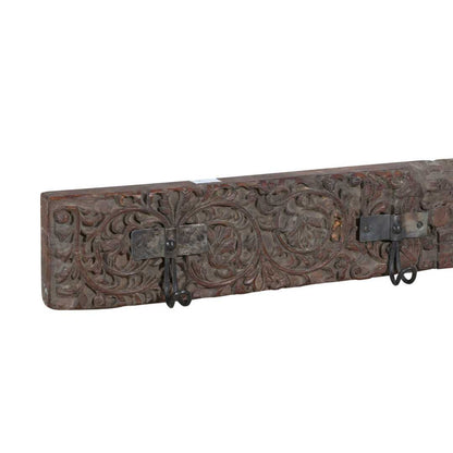 Antique Rosewood & Charcoal Teak Carved Coat Hook Panel with Black Iron Hooks – Indian Vintage Scrollwork (120cm)
