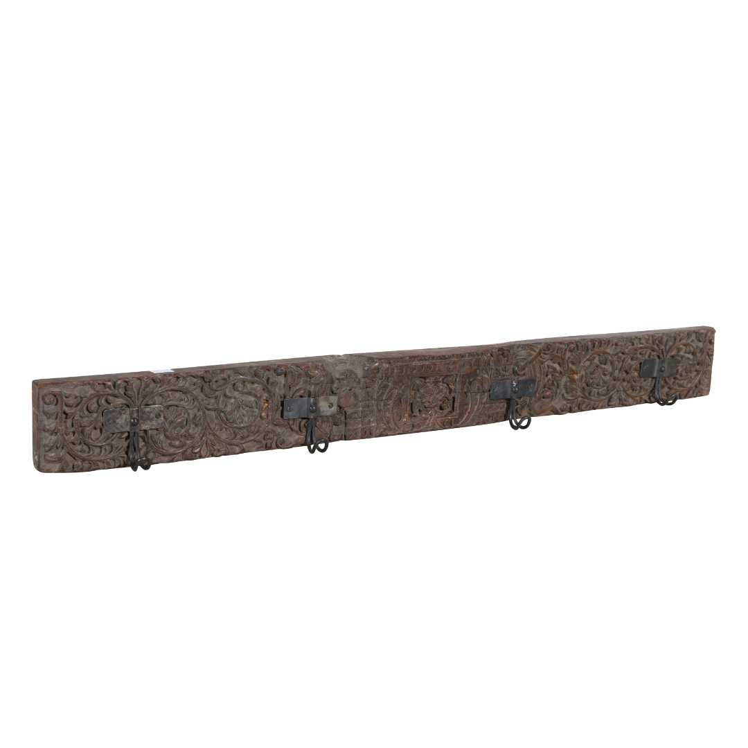Antique Rosewood & Charcoal Teak Carved Coat Hook Panel with Black Iron Hooks – Indian Vintage Scrollwork (120cm)