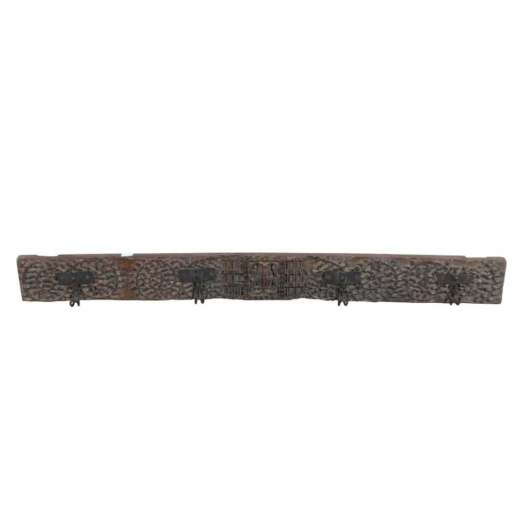Antique Ebony Brown Teak Carved Coat Hook Panel with Black Iron Hooks – Indian Vintage Scrollwork (116cm)