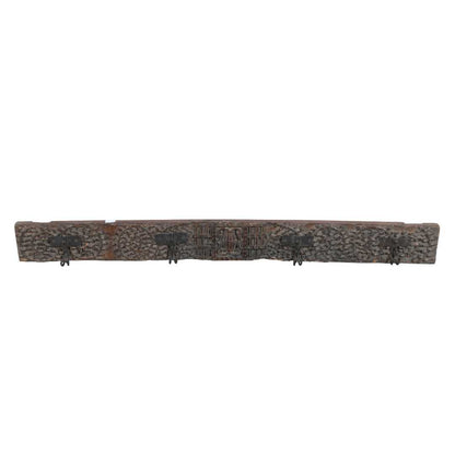 Antique Ebony Brown Teak Carved Coat Hook Panel with Black Iron Hooks – Indian Vintage Scrollwork (116cm)