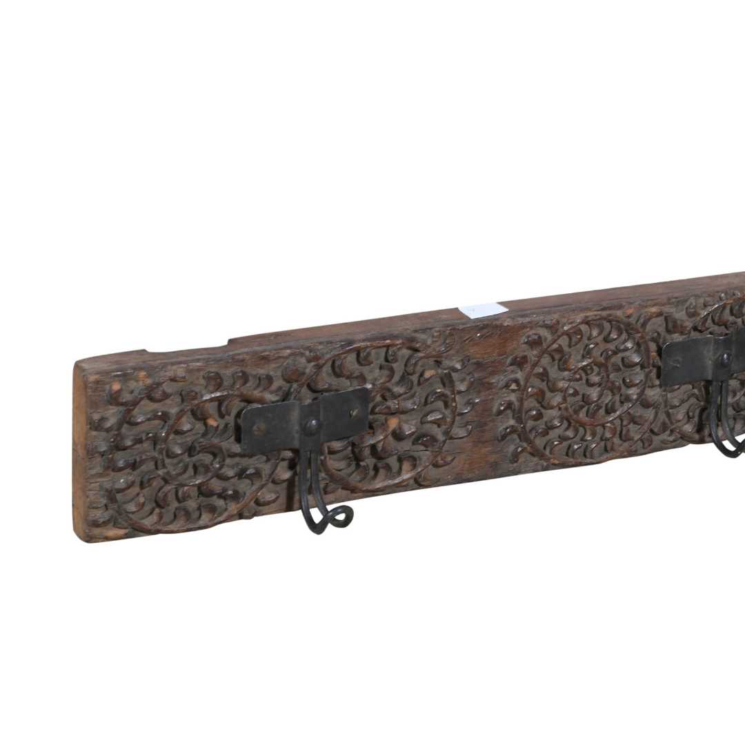 Antique Ebony Brown Teak Carved Coat Hook Panel with Black Iron Hooks – Indian Vintage Scrollwork (116cm)