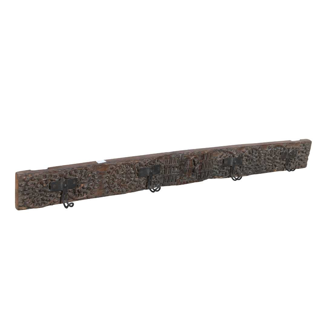 Antique Ebony Brown Teak Carved Coat Hook Panel with Black Iron Hooks – Indian Vintage Scrollwork (116cm)
