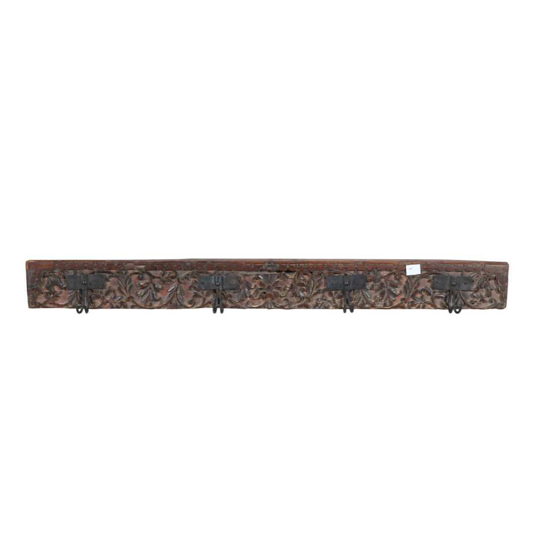 Antique Mahogany & Olive Teak Carved Coat Hook Panel with Black Iron Hooks – Indian Vintage Scrollwork (117cm)