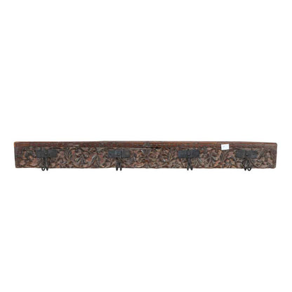 Antique Mahogany & Olive Teak Carved Coat Hook Panel with Black Iron Hooks – Indian Vintage Scrollwork (117cm)