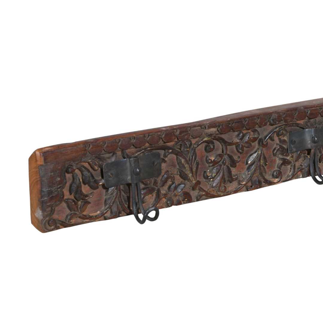 Antique Mahogany & Olive Teak Carved Coat Hook Panel with Black Iron Hooks – Indian Vintage Scrollwork (117cm)