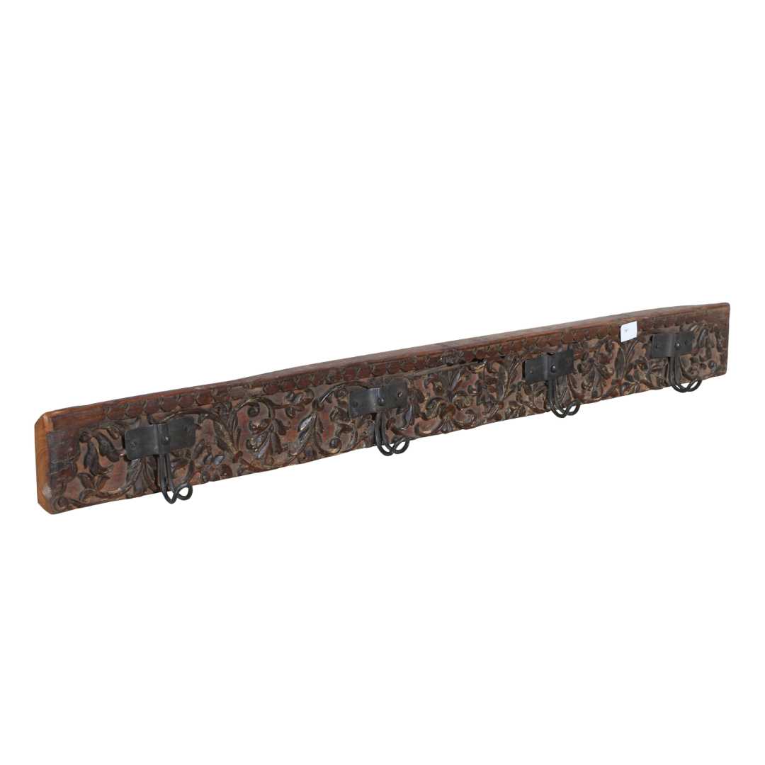 Antique Mahogany & Olive Teak Carved Coat Hook Panel with Black Iron Hooks – Indian Vintage Scrollwork (117cm)