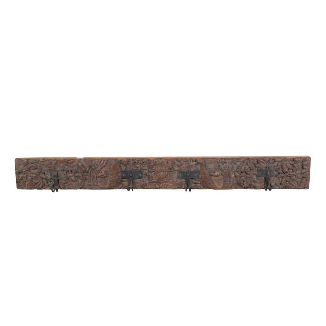 Antique Rustic Walnut Teak Carved Coat Hook Panel with Black Iron Hooks – Indian Vintage (118cm)
