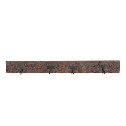 Antique Rustic Walnut Teak Carved Coat Hook Panel with Black Iron Hooks – Indian Vintage (118cm)