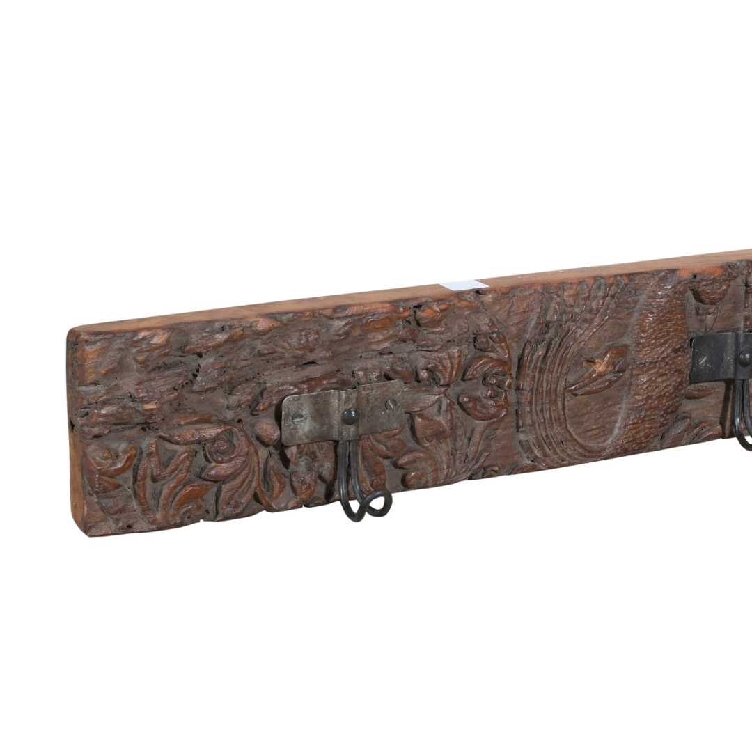 Antique Rustic Walnut Teak Carved Coat Hook Panel with Black Iron Hooks – Indian Vintage (118cm)