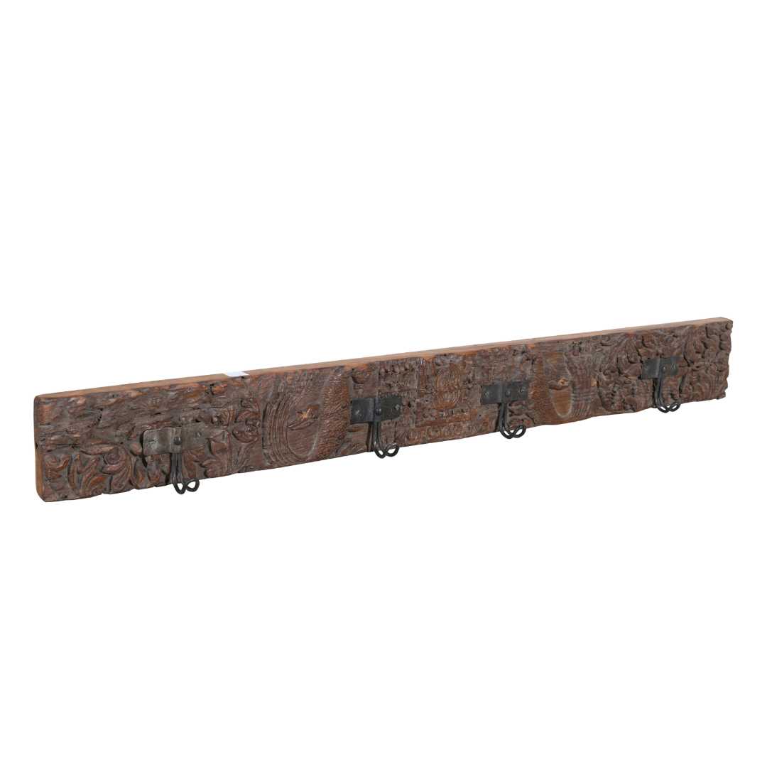 Antique Rustic Walnut Teak Carved Coat Hook Panel with Black Iron Hooks – Indian Vintage (118cm)