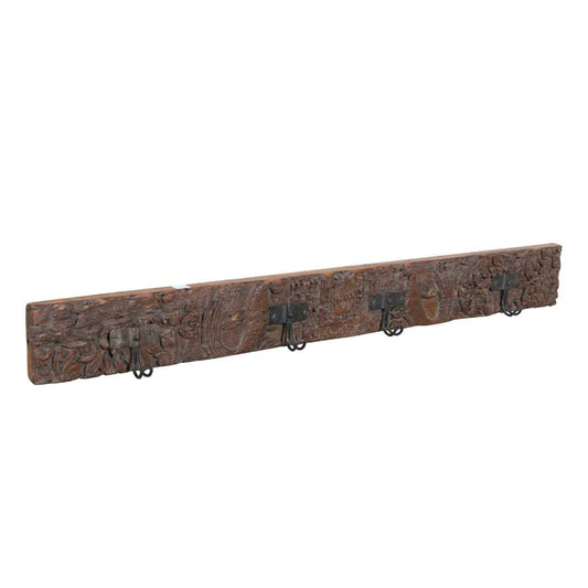 Antique Rustic Walnut Teak Carved Coat Hook Panel with Black Iron Hooks – Indian Vintage (118cm)