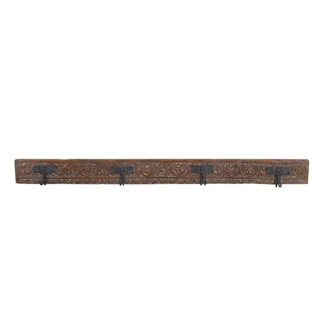 Antique Earth Brown Teak Carved Coat Hook Panel with Black Iron Hooks – Indian Vintage Scrollwork (117cm)