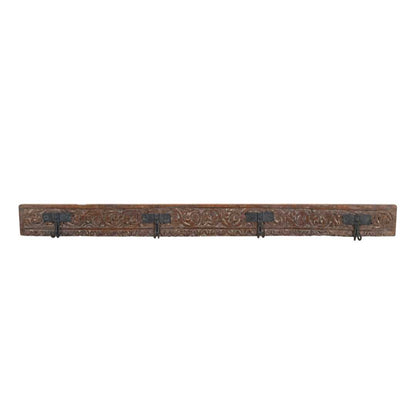 Antique Earth Brown Teak Carved Coat Hook Panel with Black Iron Hooks – Indian Vintage Scrollwork (117cm)