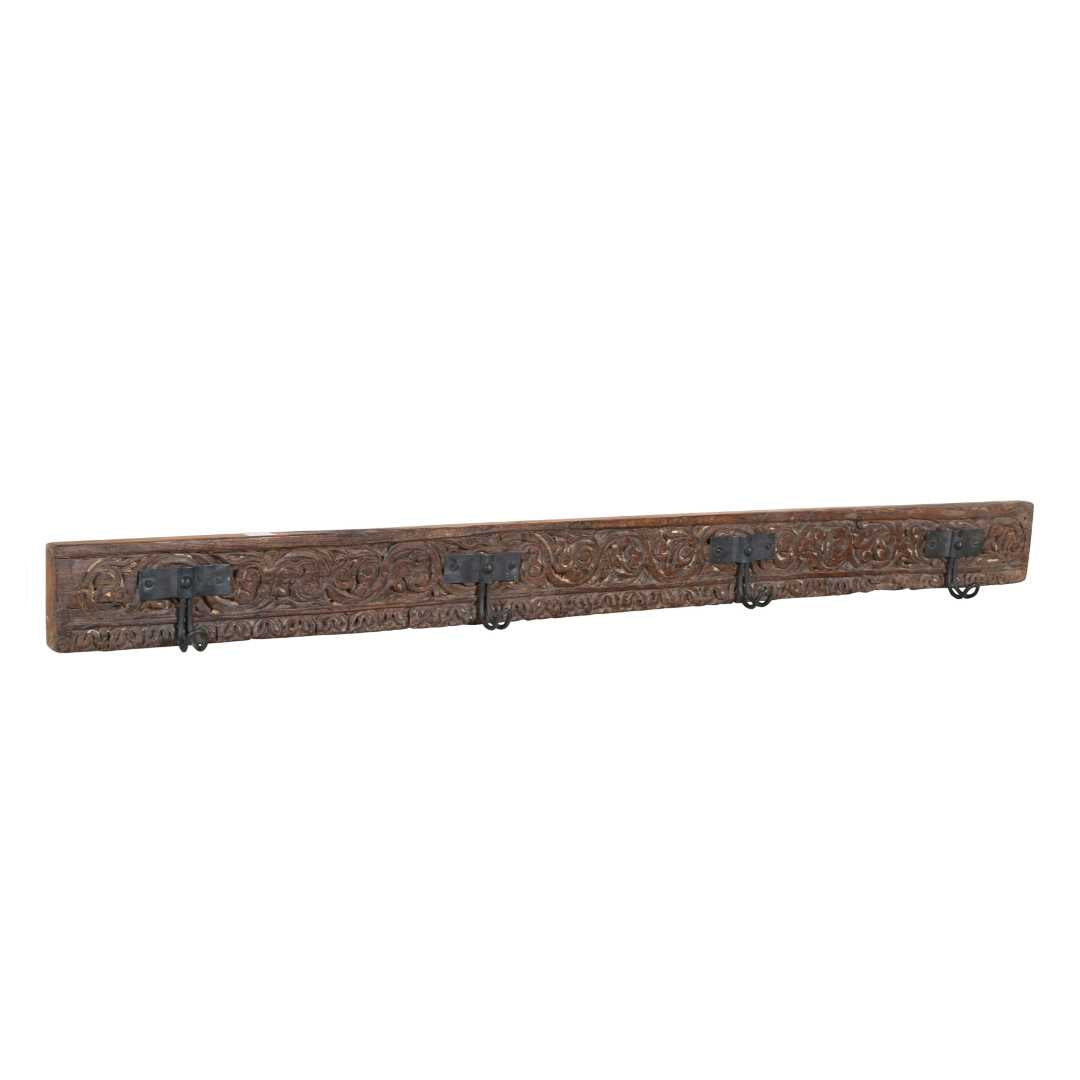 Antique Earth Brown Teak Carved Coat Hook Panel with Black Iron Hooks – Indian Vintage Scrollwork (117cm)