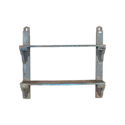 Antique Blue & Rustic Brown Indian Teak Wall Shelf Unit – Handcrafted c1900