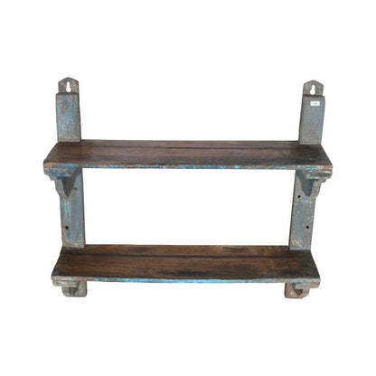 Antique Blue & Rustic Brown Indian Teak Wall Shelf Unit – Handcrafted c1900