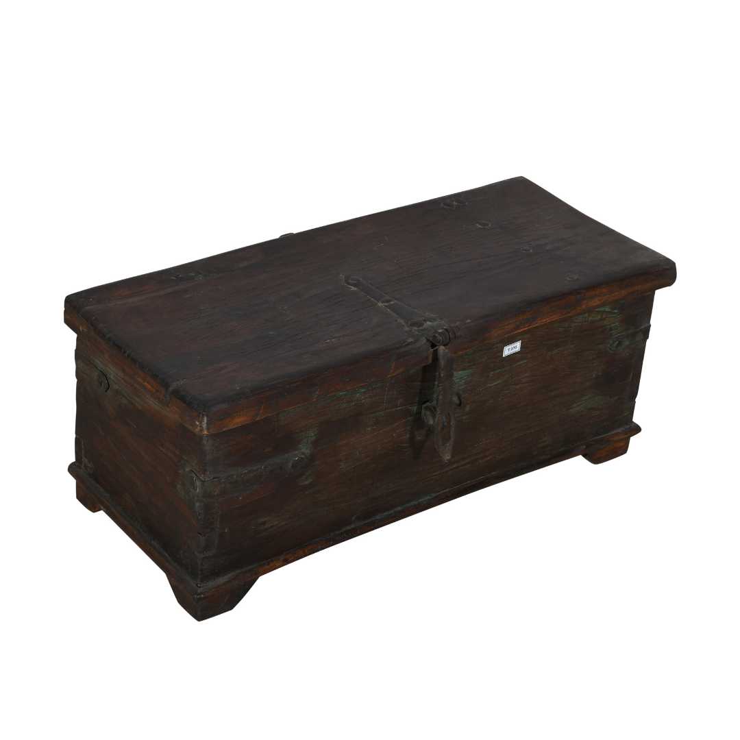 Antique Deep Chestnut & Verdigris Teak Indian Dowry Treasure Chest Coffee Side Table